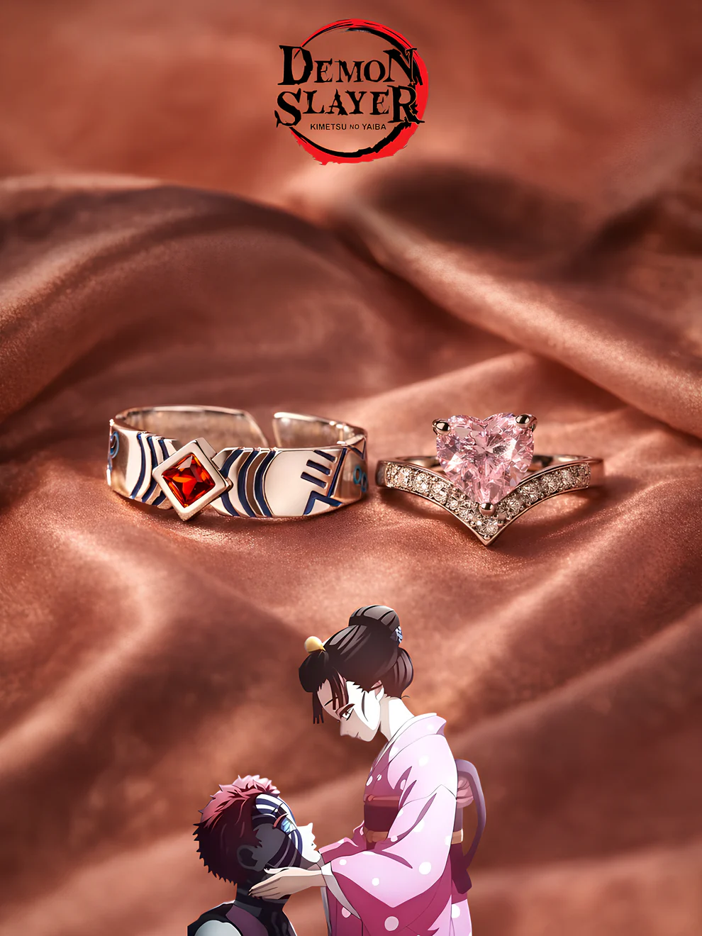 Akaza and Koyuki Couple Rings on warm rose silk